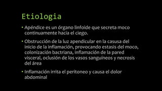 Etiologia
• Apéndice es un órgano linfoide que secreta moco
continuamente hacia el ciego.
• Obstrucción de la luz apendicular en la casusa del
inicio de la inflamación, provocando estasis del moco,
colonización bactriana, inflamación de la pared
visceral, oclusión de los vasos sanguíneos y necrosis
del área
• Inflamación irrita el peritoneo y causa el dolor
abdominal
 