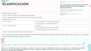 Hernández-Orduña J. Clasificación práctica de la gravedad y manejo médico-quirúrgico de la apendicitis aguda. Cir Gen. 2020;42(4):263-273. doi:10.35366/101395.
Gomes, C. A., Sartelli, M., Di Saverio, S., Ansaloni, L., Catena, F., Coccolini, F., Inaba, K., Demetriades, D., Gomes, F. C., & Gomes, C. C. (2015). Acute appendicitis:
proposal of a new comprehensive grading system based on clinical, imaging and laparoscopic findings. World journal of emergency surgery : WJES, 10, 60.
CLASIFICACIÓN
 