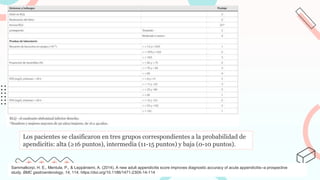 Sammalkorpi, H. E., Mentula, P., & Leppäniemi, A. (2014). A new adult appendicitis score improves diagnostic accuracy of acute appendicitis--a prospective
study. BMC gastroenterology, 14, 114. https://doi.org/10.1186/1471-230X-14-114
Los pacientes se clasificaron en tres grupos correspondientes a la probabilidad de
apendicitis: alta (≥16 puntos), intermedia (11-15 puntos) y baja (0-10 puntos).
 