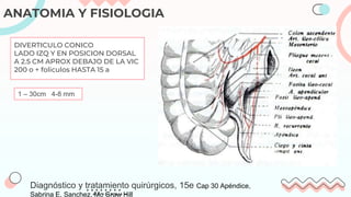ANATOMIA Y FISIOLOGIA
DIVERTICULO CONICO
LADO IZQ Y EN POSICION DORSAL
A 2.5 CM APROX DEBAJO DE LA VIC
200 o + foliculos HASTA 15 a
1 – 30cm 4-8 mm
Diagnóstico y tratamiento quirúrgicos, 15e Cap 30 Apéndice,
Sabrina E. Sanchez, Mc Graw Hill
 
