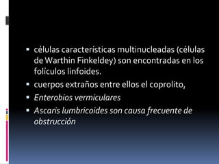  células características multinucleadas (células
  de Warthin Finkeldey) son encontradas en los
  folículos linfoides.
 cuerpos extraños entre ellos el coprolito,
 Enterobios vermiculares
 Ascaris lumbricoides son causa frecuente de
  obstrucción
 