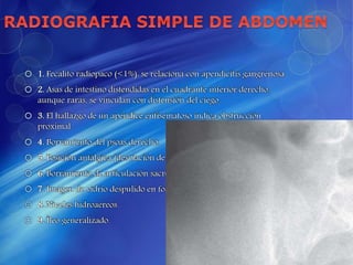  1. Fecalito radiopaco (<1%): se relaciona con apendicitis gangrenosa
 2. Asas de intestino distendidas en el cuadrante inferior derecho:
aunque raras, se vinculan con distensión del ciego.
 3. El hallazgo de un apéndice enfisematoso indica obstrucción
proximal.
 4. Borramiento del psoas derecho.
 5. Posición antálgica (desviación de la columna al sitio del dolor).
 6. Borramiento de articulación sacroilíaca y de la grasa preperitoneal.
 7. Imagen de vidrio despulido en fosa iliaca derecha.
 8. Niveles hidroaéreos.
 9. Íleo generalizado.
 