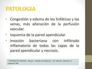 PATOLOGIA
• Congestión y edema de los linfáticos y las
venas, más alteración de la perfusión
vascular.
• Isquemia de la pared apendicular
• Invasión bacteriana con infiltrado
inflamatorio de todas las capas de la
pared apendicular y necrosis.
* APENDICITIS AGUDA. Nelson. Tratado de Pediatría. 18° edición. Volumen 1.
Capítulo 340.
 