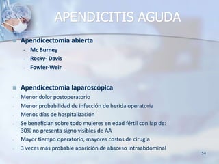  Apendicectomía abierta
- Mc Burney
- Rocky- Davis
- Fowler-Weir
 Apendicectomía laparoscópica
- Menor dolor postoperato...