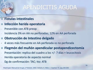  Fístulas intestinales
 Infección herida operatoria
- Prevenible con ATB preop
- Incidencia 3% en AA no perforadas; 12% ...