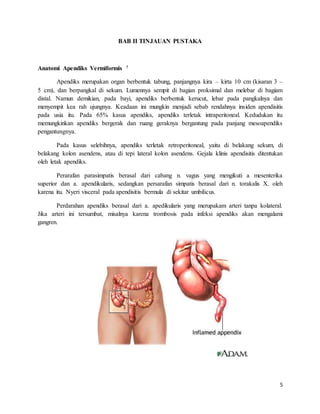 5
BAB II TINJAUAN PUSTAKA
Anatomi Apendiks Vermiformis 5
Apendiks merupakan organ berbentuk tabung, panjangnya kira – kirta 10 cm (kisaran 3 –
5 cm), dan berpangkal di sekum. Lumennya sempit di bagian proksimal dan melebar di bagiam
distal. Namun demikian, pada bayi, apendiks berbentuk kerucut, lebar pada pangkalnya dan
menyempit kea rah ujungnya. Keadaan ini mungkin menjadi sebab rendahnya insiden apendisitis
pada usia itu. Pada 65% kasus apendiks, apendiks terletak intraperitoneal. Kedudukan itu
memungkinkan apendiks bergerak dan ruang geraknya bergantung pada panjang mesoapendiks
pengantungnya.
Pada kasus selebihnya, apendiks terletak retroperitoneal, yaitu di belakang sekum, di
belakang kolon asendens, atau di tepi lateral kolon asendens. Gejala klinis apendisitis ditentukan
oleh letak apendiks.
Perarafan parasimpatis berasal dari cabang n. vagus yang mengikuti a mesenterika
superior dan a. apendikularis, sedangkan persarafan simpatis berasal dari n. torakalis X. oleh
karena itu. Nyeri visceral pada apendisitis bermula di sekitar umbilicus.
Perdarahan apendiks berasal dari a. apedikularis yang merupakam arteri tanpa kolateral.
Jika arteri ini tersumbat, misalnya karena trombosis pada infeksi apendiks akan mengalami
gangren.
 