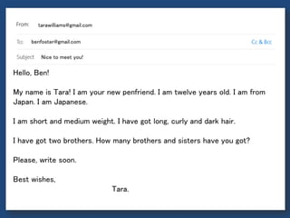 tarawilliams@gmail.com
benfoster@gmail.com
Nice to meet you!
Hello, Ben!
My name is Tara! I am your new penfriend. I am twelve years old. I am from
Japan. I am Japanese.
I am short and medium weight. I have got long, curly and dark hair.
I have got two brothers. How many brothers and sisters have you got?
Please, write soon.
Best wishes,
Tara.