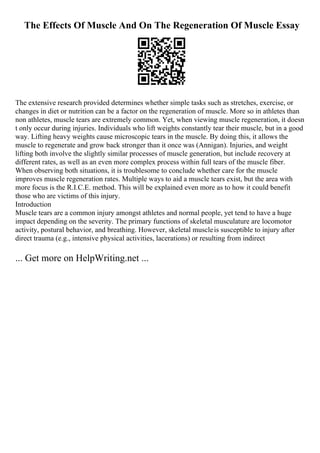 The Effects Of Muscle And On The Regeneration Of Muscle Essay
The extensive research provided determines whether simple tasks such as stretches, exercise, or
changes in diet or nutrition can be a factor on the regeneration of muscle. More so in athletes than
non athletes, muscle tears are extremely common. Yet, when viewing muscle regeneration, it doesn
t only occur during injuries. Individuals who lift weights constantly tear their muscle, but in a good
way. Lifting heavy weights cause microscopic tears in the muscle. By doing this, it allows the
muscle to regenerate and grow back stronger than it once was (Annigan). Injuries, and weight
lifting both involve the slightly similar processes of muscle generation, but include recovery at
different rates, as well as an even more complex process within full tears of the muscle fiber.
When observing both situations, it is troublesome to conclude whether care for the muscle
improves muscle regeneration rates. Multiple ways to aid a muscle tears exist, but the area with
more focus is the R.I.C.E. method. This will be explained even more as to how it could benefit
those who are victims of this injury.
Introduction
Muscle tears are a common injury amongst athletes and normal people, yet tend to have a huge
impact depending on the severity. The primary functions of skeletal musculature are locomotor
activity, postural behavior, and breathing. However, skeletal muscleis susceptible to injury after
direct trauma (e.g., intensive physical activities, lacerations) or resulting from indirect
... Get more on HelpWriting.net ...
 