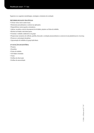 Planificação anual – 7.° Ano
Sugerem-se as seguintes metodologias, estratégias e elementos de avaliação:
METODOLOGIAS/ES TRATÉGIAS
• Utilizar vários meios audiovisuais.
• Demonstrar procedimentos a realizar nas aplicações.
• Disponibilizar roteiros/guiões orientadores.
• Aplicar, na prática, através da proposta de atividades, projetos ou fichas de trabalho.
• Realizar atividades individuais/pares.
• Fomentar o trabalho colaborativo em grupo.
• Proporcionar momentos de reflexão, partilha, discussão e avaliação presencialmente ou através de uma plataforma de e-learning.
• Promover a articulação disciplinar.
• Apresentação de trabalhos de grupo/individuais.
AVALIAÇÃO (SUGESTÕES)
• Projetos
• Portefólio
• Fichas de trabalho
• Atividades orientadas
• Testes
• Grelhas de observação
• Grelhas de autoavaliação
©ASA–APensaremtiC7.°/8.°
 