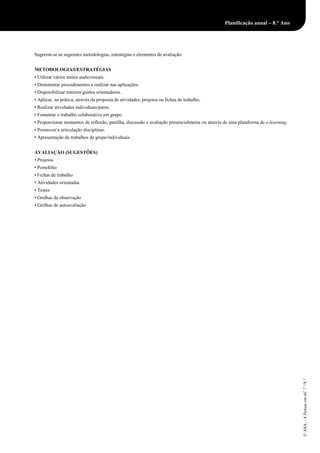 Planificação anual – 8.° Ano
Sugerem-se as seguintes metodologias, estratégias e elementos de avaliação:
METODOLOGIAS/ESTRATÉGIAS
• Utilizar vários meios audiovisuais.
• Demonstrar procedimentos a realizar nas aplicações.
• Disponibilizar roteiros/guiões orientadores.
• Aplicar, na prática, através da proposta de atividades, projetos ou fichas de trabalho.
• Realizar atividades individuais/pares.
• Fomentar o trabalho colaborativo em grupo.
• Proporcionar momentos de reflexão, partilha, discussão e avaliação presencialmente ou através de uma plataforma de e-learning.
• Promover a articulação disciplinar.
• Apresentação de trabalhos de grupo/individuais.
AVALIAÇÃO (SUGESTÕES)
• Projetos
• Portefólio
• Fichas de trabalho
• Atividades orientadas
• Testes
• Grelhas de observação
• Grelhas de autoavaliação
©ASA–APensaremtiC7.°/8.°
 