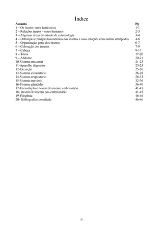 ii
Índice
Assunto Pg
1 – Os inseto: seres fantásticos 1-1
2 – Relações inseto – seres humanos 2-3
3 – Algumas áreas de estudo da entomologia 3-4
4 – Definição e posição taxonômica dos insetos e suas relações com outros artrópodos 4-6
5 – Organização geral dos insetos 6-7
6 – Coloração dos insetos 7-9
7 – Cabeça 9-17
8 – Tórax 17-20
9 – Abdome 20-21
10-Sistema muscular 21-23
11-Aparelho digestivo 23-25
12-Excreção 25-26
13-Sistema circulatório 26-28
14-Sistema respiratório 28-32
15-Sistema nervoso 32-36
16-Sistema glandular 36-40
17-Fecundação e desenvolvimento embrionário 41-41
18- Desenvolvimento pós-embrionário 41-45
19-Filogênia 46-46
20- Bibliografia consultada 46-46
 