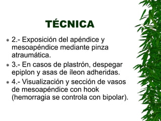 TÉCNICA
 2.- Exposición del apéndice y
mesoapéndice mediante pinza
atraumática.
 3.- En casos de plastrón, despegar
epiplon y asas de íleon adheridas.
 4.- Visualización y sección de vasos
de mesoapéndice con hook
(hemorragia se controla con bipolar).
 