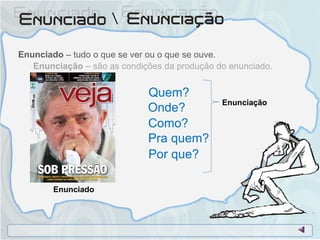 Enunciado  – tudo o que se ver ou o que se ouve. Enunciação  – são as condições da produção do enunciado.  Quem? Onde? Pra quem? Como? Por que? Enunciado Enunciação 
