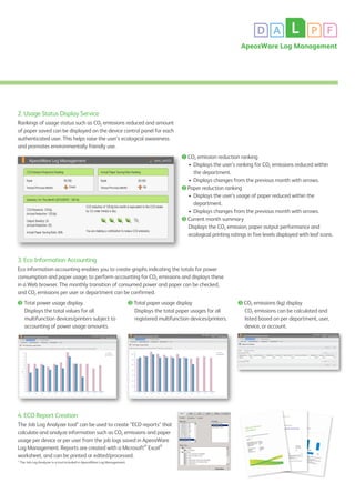 D A L P F
ApeosWare Log Management
2. Usage Status Display Service
Rankings of usage status such as CO2 emissions reduced and amount
of paper saved can be displayed on the device control panel for each
authenticated user. This helps raise the user’s ecological awareness
and promotes environmentally friendly use.
3. Eco Information Accounting
Eco information accounting enables you to create graphs indicating the totals for power
consumption and paper usage, to perform accounting for CO2 emissions and displays these
in a Web browser. The monthly transition of consumed power and paper can be checked,
and CO2 emissions per user or department can be confirmed.
4. ECO Report Creation
The Job Log Analyzer tool* can be used to create “ECO reports” that
calculate and analyze information such as CO2 emissions and paper
usage per device or per user from the job logs saved in ApeosWare
Log Management. Reports are created with a Microsoft®
Excel®
worksheet, and can be printed or edited/processed.
* The Job Log Analyzer is a tool included in ApeosWare Log Management.
❶ CO2 emission reduction ranking
•	 Displays the user’s ranking for CO2 emissions reduced within
the department.
•	 Displays changes from the previous month with arrows.
❷ Paper reduction ranking
•	 Displays the user’s usage of paper reduced within the
department.
•	 Displays changes from the previous month with arrows.
❸ Current month summary
Displays the CO2 emission, paper output performance and
ecological printing ratings in five levels displayed with leaf icons.
❸ Total power usage display.
Displays the total values for all
multifunction devices/printers subject to
accounting of power usage amounts.
❸ Total paper usage display
Displays the total paper usages for all
registered multifunction devices/printers.
❸ CO2 emissions (kg) display
CO2 emissions can be calculated and
listed based on per department, user,
device, or account.
 
