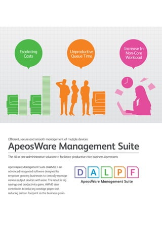 ApeosWare Management Suite
Escalating
Costs
Unproductive
Queue Time
Increase In
Non-Core
Workload
ApeosWare Management Suite
Efficient, secure and smooth management of mutiple devices
The all-in-one administrative solution to facilitate productive core business operations
ApeosWare Management Suite (AWMS) is an
advanced integrated software designed to
empower growing businesses to centrally manage
various output devices with ease. The result is big
savings and productivity gains. AWMS also
contributes to reducing wastage paper and
reducing carbon footprint as the business grows.
 