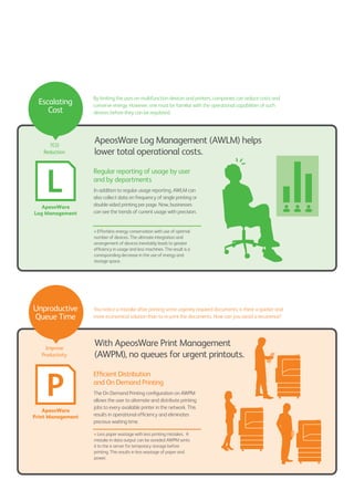 ApeosWare
Print Management
ApeosWare
Log Management
By limiting the uses on multifunction devices and printers, companies can reduce costs and
conserve energy. However, one must be familiar with the operational capabilities of such
devices before they can be regulated.
You notice a mistake after printing some urgently required documents; is there a quicker and
more economical solution than to re-print the documents. How can you avoid a recurrence?
ApeosWare Log Management (AWLM) helps
lower total operational costs.
With ApeosWare Print Management
(AWPM), no queues for urgent printouts.
Regular reporting of usage by user
and by departments
In addition to regular usage reporting, AWLM can
also collect data on frequency of single printing or
double-sided printing per page. Now, businesses
can see the trends of current usage with precision.
Efficient Distribution
and On Demand Printing
The On Demand Printing configuration on AWPM
allows the user to alternate and distribute printing
jobs to every available printer in the network. This
results in operational efficiency and eliminates
precious waiting time.
• Effortless energy conservation with use of optimal
number of devices. The ultimate integration and
arrangement of devices inevitably leads to greater
efficiency in usage and less machines. The result is a
corresponding decrease in the use of energy and
storage space.
• Less paper wastage with less printing mistakes. A
mistake in data output can be avoided AWPM sents
it to the is server for temporary storage before
printing. This results in less wastage of paper and
power.
TCO
Reduction
Improve
Productivity
Escalating
Cost
Unproductive
Queue Time
 