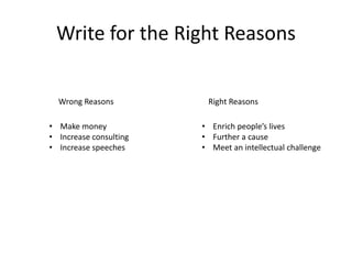 Write for the Right Reasons

  Wrong Reasons          Right Reasons

• Make money            • Enrich people’s lives
• Increase consulting   • Further a cause
• Increase speeches     • Meet an intellectual challenge
 
