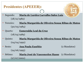 Presidentes (APEEER): Segundo: Maria de Lurdes Carvalho Sales Luís   (18/12/1982) Terceiro: Maria Margarida de Oliveira Sousa Ribas de Matos   (30/03/1984) Quarto: Esmeralda Leal da Cruz   (18/03/1989) Quinto: Maria Margarida de Oliveira Sousa Ribas de Matos (04/04/1992)  Sexto:  Ana Paula Eusébio   (2 Mandatos) (24/06/1995) Sétimo: Maria José de Vasconcelos Hasse   (2 Mandatos) (27/07/2001) 