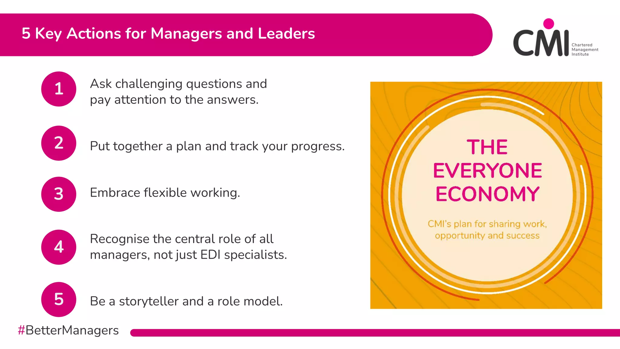 #BetterManagers
5 Key Actions for Managers and Leaders
Ask challenging questions and
pay attention to the answers.
Put together a plan and track your progress.
Embrace flexible working.
Recognise the central role of all
managers, not just EDI specialists.
Be a storyteller and a role model.
1
2
3
4
5
 