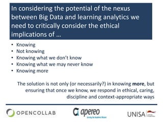 In considering the potential of the nexus
between Big Data and learning analytics we
need to critically consider the ethic...