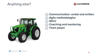 @yurkvch @altoros
32
Anything else?
Communication: verbal and written
Agile methodologies
SDLC
Coaching and mentoring
Team player
 