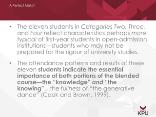 A Perfect Match 
• The eleven students in Categories Two, Three, 
and Four reflect characteristics perhaps more 
typical of first-year students in open-admission 
institutions—students who may not be 
prepared for the rigour of university studies. 
• The attendance patterns and results of these 
eleven students indicate the essential 
importance of both portions of the blended 
course—the “knowledge” and “the 
knowing”…the fullness of “the generative 
dance” (Cook and Brown, 1999). 
 