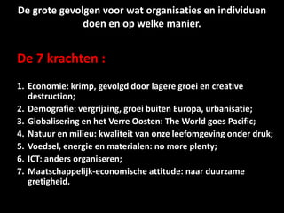 De grote gevolgen voor wat organisaties en individuen doen en op welke manier.De 7 krachten :1. 	Economie: krimp, gevolgd door lagere groei en creativedestruction;2. 	Demografie: vergrijzing, groei buiten Europa, urbanisatie;3. 	Globalisering en het Verre Oosten: The World goes Pacific;4. 	Natuur en milieu: kwaliteit van onze leefomgeving onder druk;5. 	Voedsel, energie en materialen: no more plenty;6. 	ICT: anders organiseren;7. 	Maatschappelijk-economische attitude: naar duurzame gretigheid.