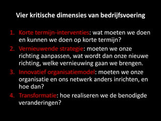 Vier kritische dimensies van bedrijfsvoeringKorte termijn-interventies: wat moeten we doen en kunnen we doen op korte termijn?Vernieuwende strategie: moeten we onze richting aanpassen, wat wordt dan onze nieuwe richting, welke vernieuwing gaan we brengen.Innovatief organisatiemodel: moeten we onze organisatie en ons netwerk anders inrichten, en hoe dan?Transformatie: hoe realiseren we de benodigde veranderingen?