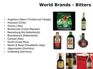 World Brands - Bitters
• Angostura bitters (Trinidad and Tobago)
• Araucano (Chile)
• Averna ( Italy)
• Becherovka (Czech Republic)
• Beerenburg (the Netherlands)
• Boonekamp's (Netherlands)
• Campari (Italy)
• Dimitri (Costa Rica)
• Martini & Rossi ChinaMartini (Italy)
• Jägermeister (Germany)
• Underberg (Germany)
 