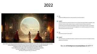 7
Jason Allen a écrit des centaines de prompts extrêmement détaillés tant au plan du style que du type de scène.
Estime à 80 heures de travail le temps nécessaire pour parvenir à un prompt satisfaisant.
Il explique ensuite avoir exécuté ce prompt entre 600 et 900 fois.
Puis a sélectionné 3 images dans l’ensemble des générations produites.
Les avoir téléchargées et retravaillées sur Photoshop.
Au final en a soumis une à ce concours.
Des airs d’intelligence encyclopédique de WTF ??
2022
 
