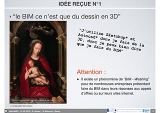 ApéroBIM // 13_06_2014 // D. Hanser _ O. Malcurat // Nancy
‣ “le BIM ce n’est que du dessin en 3D”
IDÉE REÇUE N°1
13
“J’utilise Sketchup* et
Autocad* donc je fais de la
3D, donc je peux bien dire
que je fais du BIM”
http://commons.wikimedia.org/wiki/Renaissance_paintings?
uselang=fr#mediaviewer/File:Madonna_and_Child.jpg
Attention :

● Il existe un phénomène de “BIM - Washing”
pour de nombreuses entreprises prétendant
faire du BIM dans leurs réponses aux appels
d’offres ou sur leurs sites internet.
(*) ou équivalent bien entendu.
 