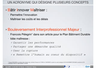 ApéroBIM // 13_06_2014 // D. Hanser _ O. Malcurat // Nancy
UN ACRONYME QUI DÉSIGNE PLUSIEURS CONCEPTS
‣ Bâtir Innover Maîtriser :

• Permettre l’innovation

• Maîtriser les coûts et les délais 
‣ Bouleversement Interprofessionnel Majeur :

• Francois Pélegrin* dans son article pour le Plan Bâtiment Durable 

• Idée maîtresse : 

✓ Garantir les performances
✓ Partager une démarche qualité
✓ Oser la rupture
✓ « Remettre l’humain au coeur du dispositif »
4
* François PELEGRIN est architecte dplg, urbaniste dup– président d’honneur de l’UNSFA et d’ARCHINOV, membre du comité stratégique du PLAN BATIMENT DURABLE, président du COS
CONSTRUCTION ET URBANISME à l AFNOR
 