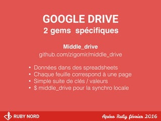 RUBY NORD Apéro Ruby février 2016
GOOGLE DRIVE
gems spéciﬁques
Middle_drive
github.com/zigomir/middle_drive
2
• Données da...