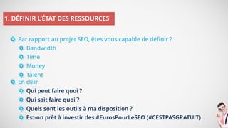 En clair
Qui peut faire quoi ?
Qui sait faire quoi ?
Quels sont les outils à ma disposition ?
Est-on prêt à investir des #EurosPourLeSEO (#CESTPASGRATUIT)
1. DÉFINIR L’ÉTAT DES RESSOURCES
Par rapport au projet SEO, êtes vous capable de définir ?
Bandwidth
Time
Money
Talent
 