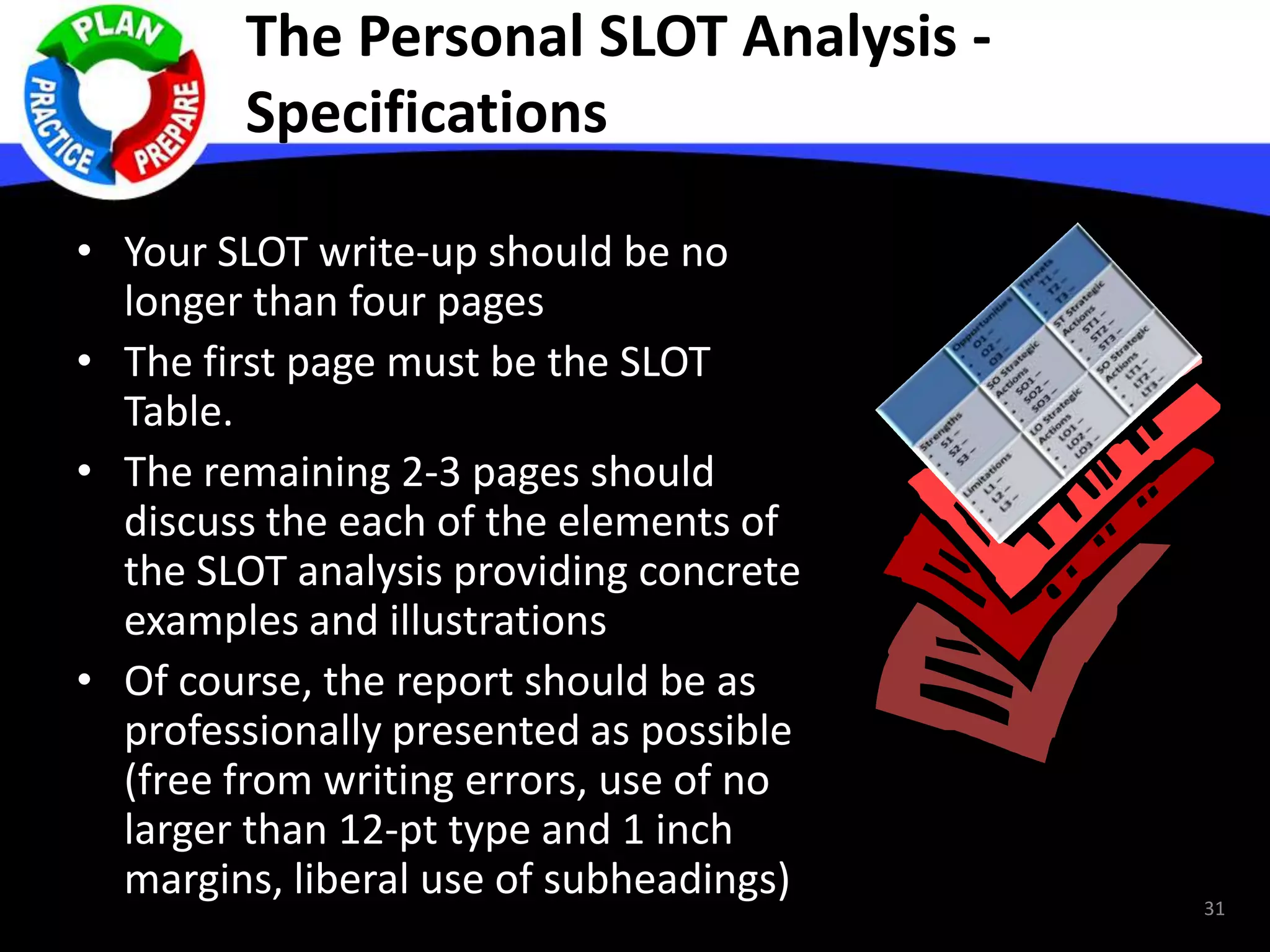 The Personal SLOT Analysis -
Specifications
• Your SLOT write-up should be no
longer than four pages
• The first page must be the SLOT
Table.
• The remaining 2-3 pages should
discuss the each of the elements of
the SLOT analysis providing concrete
examples and illustrations
• Of course, the report should be as
professionally presented as possible
(free from writing errors, use of no
larger than 12-pt type and 1 inch
margins, liberal use of subheadings) 31
 