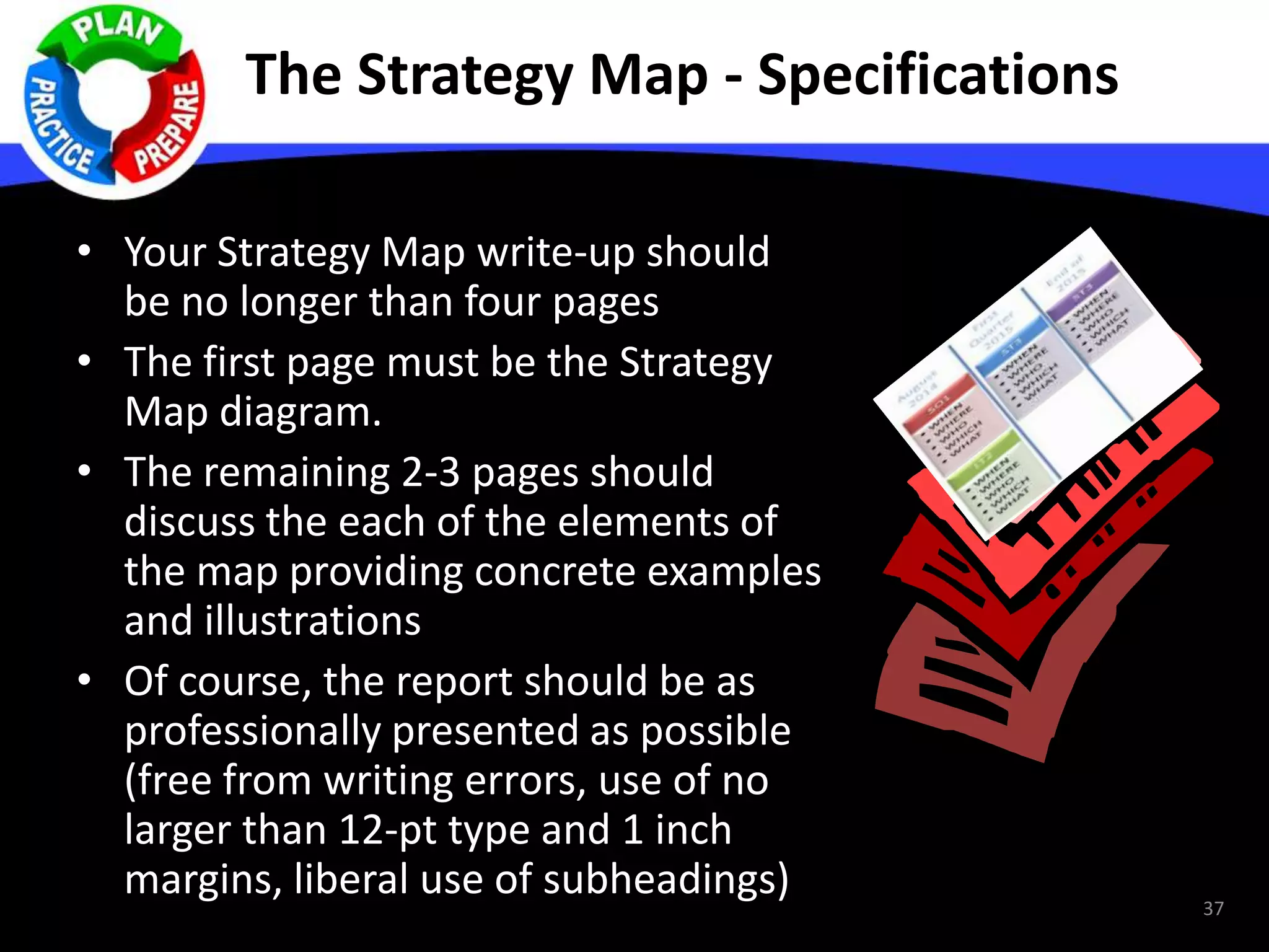 The Strategy Map - Specifications
• Your Strategy Map write-up should
be no longer than four pages
• The first page must be the Strategy
Map diagram.
• The remaining 2-3 pages should
discuss the each of the elements of
the map providing concrete examples
and illustrations
• Of course, the report should be as
professionally presented as possible
(free from writing errors, use of no
larger than 12-pt type and 1 inch
margins, liberal use of subheadings) 37
 