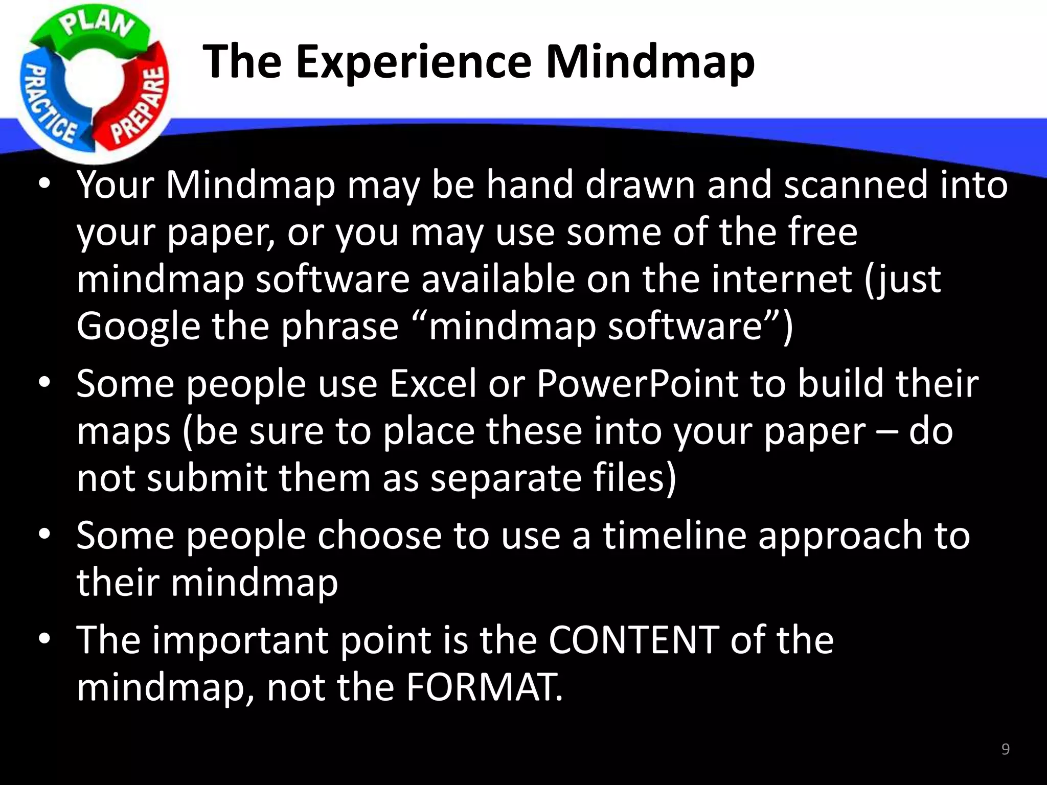 The Experience Mindmap
• Your Mindmap may be hand drawn and scanned into
your paper, or you may use some of the free
mindmap software available on the internet (just
Google the phrase “mindmap software”)
• Some people use Excel or PowerPoint to build their
maps (be sure to place these into your paper – do
not submit them as separate files)
• Some people choose to use a timeline approach to
their mindmap
• The important point is the CONTENT of the
mindmap, not the FORMAT.
9
 