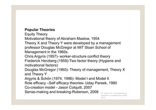 Popular Theories
Equity Theory
Motivational theory of Abraham Maslow, 1954
Theory X and Theory Y were developed by a manag...