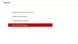 The MNC IT Captive Situation
IT Outsourcing Service Providers
Opportunities & Challenges
Overview & Evolution of Indian IT industry
Agenda
 