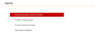 3
The MNC IT Captive Situation
IT Outsourcing Service Providers
Opportunities & Challenges
Overview & Evolution of Indian IT industry
Agenda
Overview & Evolution of Indian IT industry
 