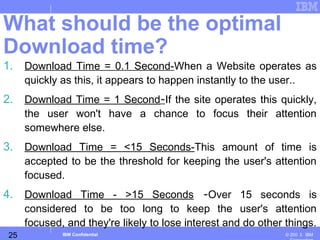 25
Business Unit or Product Name
© 200 ３ IBMIBM Confidential
What should be the optimal
Download time?
1. Download Time = 0.1 Second-When a Website operates as
quickly as this, it appears to happen instantly to the user..
2. Download Time = 1 Second-If the site operates this quickly,
the user won't have a chance to focus their attention
somewhere else.
3. Download Time = <15 Seconds-This amount of time is
accepted to be the threshold for keeping the user's attention
focused.
4. Download Time - >15 Seconds -Over 15 seconds is
considered to be too long to keep the user's attention
focused, and they're likely to lose interest and do other things.
 