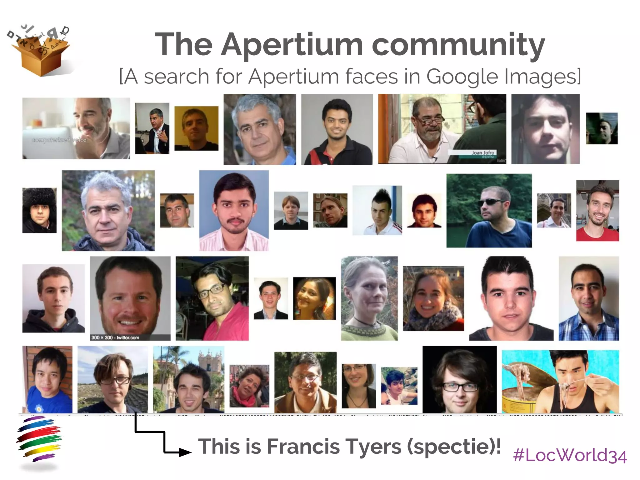 #LocWorld34This is Francis Tyers (spectie)!
The Apertium community
[A search for Apertium faces in Google Images]
 