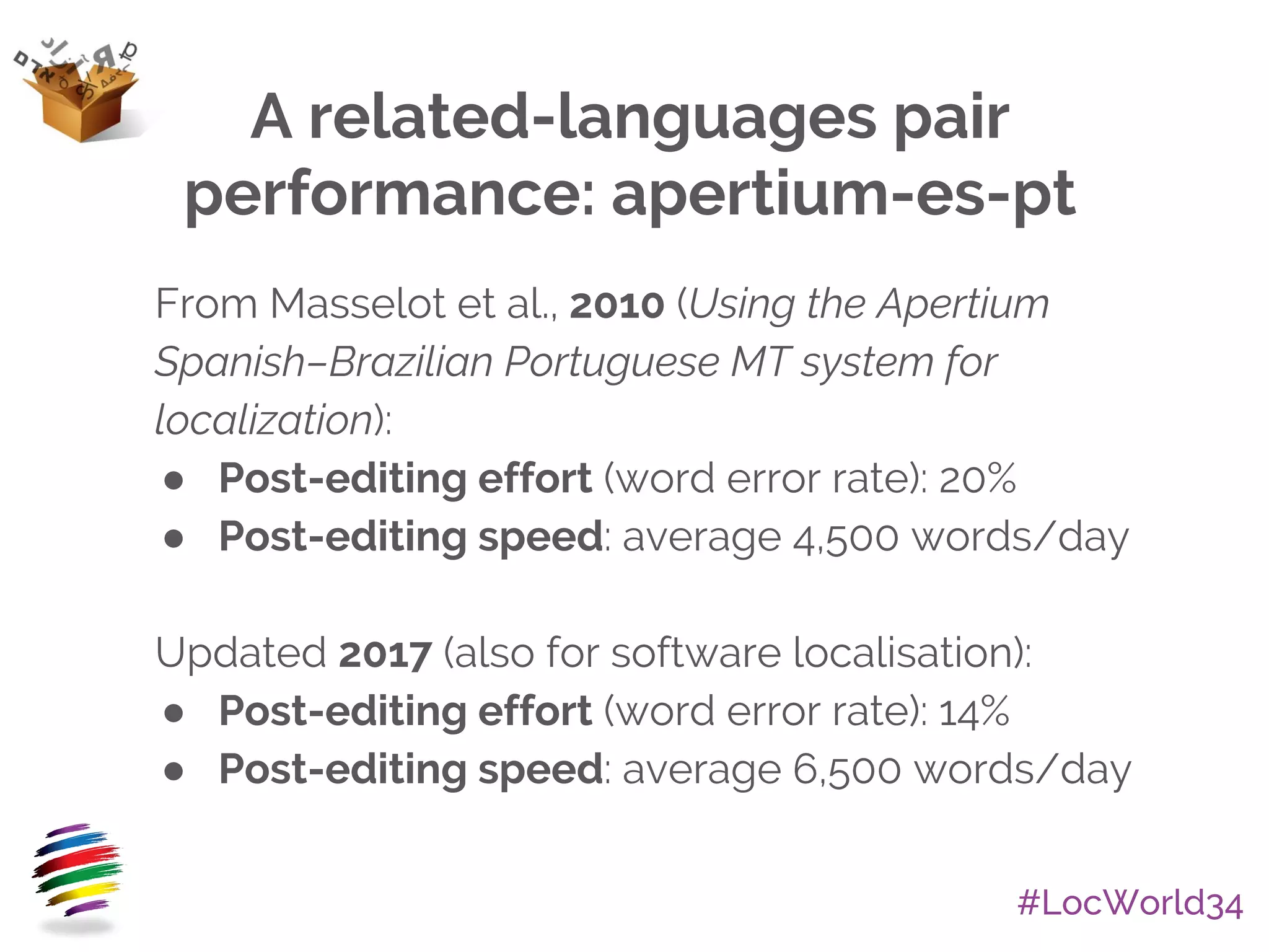 #LocWorld34
A related-languages pair
performance: apertium-es-pt
From Masselot et al., 2010 (Using the Apertium
Spanish–Brazilian Portuguese MT system for
localization):
● Post-editing effort (word error rate): 20%
● Post-editing speed: average 4,500 words/day
Updated 2017 (also for software localisation):
● Post-editing effort (word error rate): 14%
● Post-editing speed: average 6,500 words/day
 