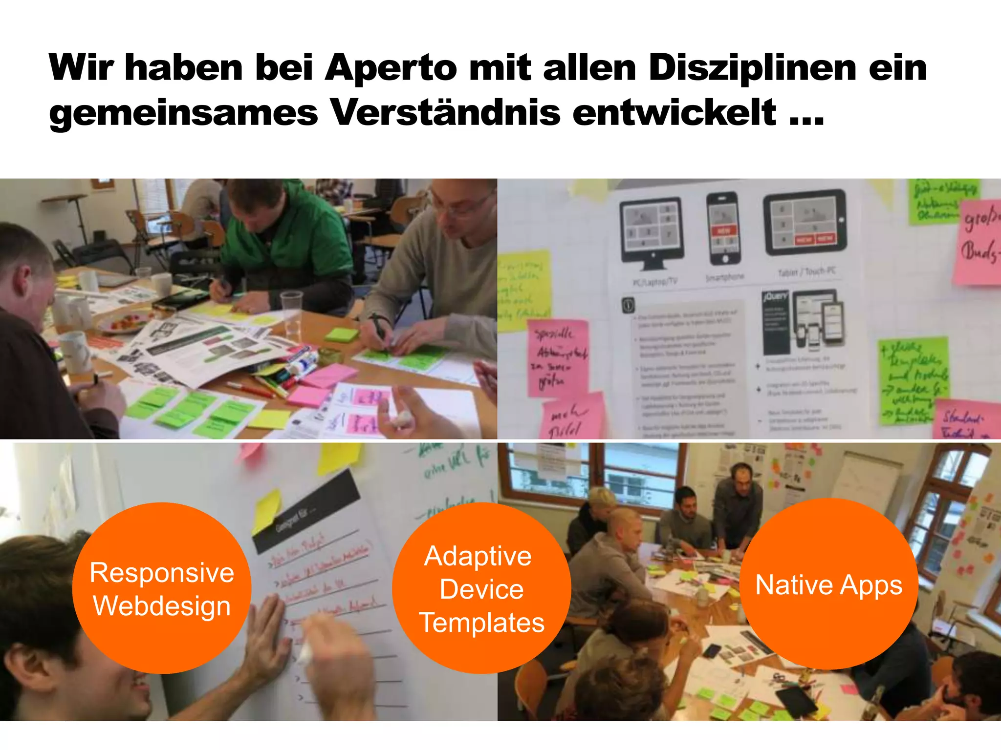 Wir haben bei Aperto mit allen Disziplinen ein
gemeinsames Verständnis entwickelt …
Responsive
Webdesign
Adaptive
Device
Templates
Native Apps
 