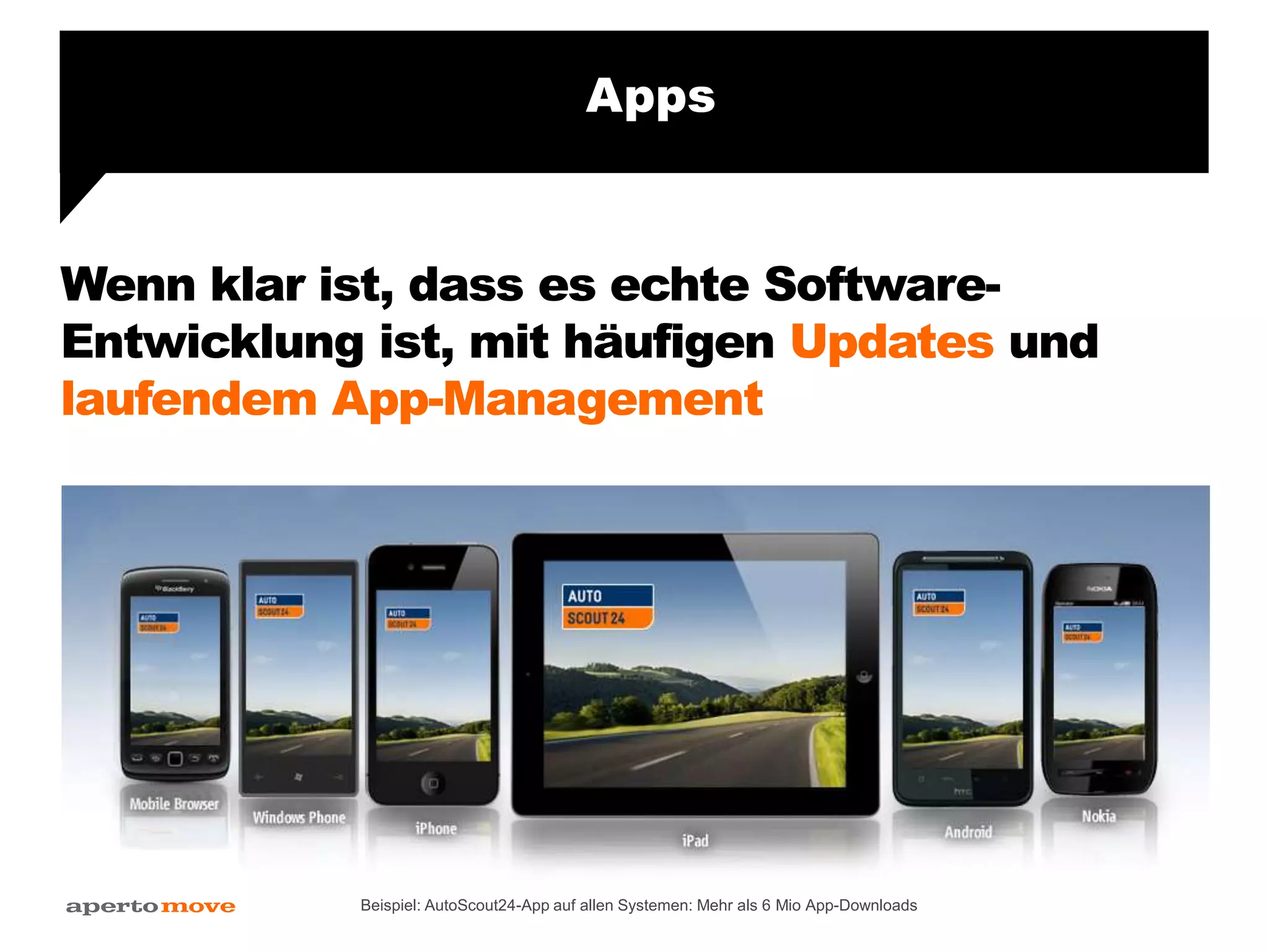Wenn klar ist, dass es echte Software-
Entwicklung ist, mit häufigen Updates und
laufendem App-Management
Apps
Beispiel: AutoScout24-App auf allen Systemen: Mehr als 6 Mio App-Downloads
 