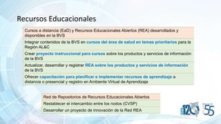 Cursos a distancia (EaD) y Recursos Educacionales Abiertos (REA) desarrollados y
disponibles en la BVS
Integrar contenidos...
