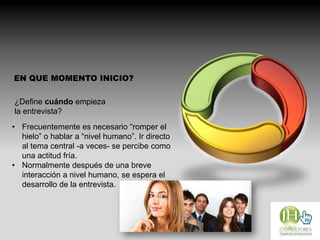 EN QUE MOMENTO INICIO?
¿Define cuándo empieza
la entrevista?
• Frecuentemente es necesario “romper el
hielo” o hablar a “nivel humano”. Ir directo
al tema central -a veces- se percibe como
una actitud fría.
• Normalmente después de una breve
interacción a nivel humano, se espera el
desarrollo de la entrevista.
 