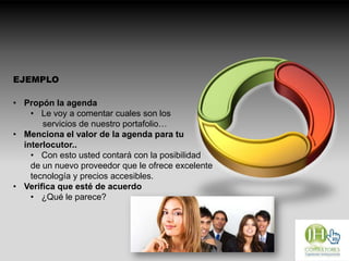 EJEMPLO
• Propón la agenda
• Le voy a comentar cuales son los
servicios de nuestro portafolio…
• Menciona el valor de la agenda para tu
interlocutor..
• Con esto usted contará con la posibilidad
de un nuevo proveedor que le ofrece excelente
tecnología y precios accesibles.
• Verifica que esté de acuerdo
• ¿Qué le parece?
 