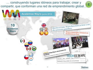 … construyendo lugares idóneos para trabajar, crear y
                                                           E
compartir, que conforman una red de emprendimiento global…

                Academias Wayra (junio 2012)




      10
    Academias
      Wayra




                                       17
 