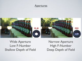 Apertures
Wide Aperture
Low F-Number
Shallow Depth of Field
Narrow Aperture
High F-Number
Deep Depth of Field
 
